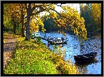 Łódka, Rzeka, Pomost, Park, Jesień