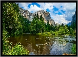Park Narodowy Yosemite, Rzeka, Merced River, Góry Skaliste, Zielone, Drzewa, Kalifornia, Stany Zjednoczone