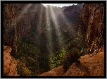Kanion, Zion Canyon, Promienie słońca, Rośliny, Skały, Park Narodowy Zion, Dolina, Stan Utah, Stany Zjednoczone