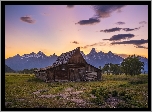 Stodoła, Drewniana, Chata, Góry, Teton Range, Drzewa, Park Narodowy Grand Teton, Stan Wyoming, Stany Zjednoczone