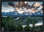 Park Narodowy Grand Teton, Chmury, Rzeka Snake River, Góry Skaliste, Las, Drzewa, Stan Wyoming, Stany Zjednoczone