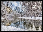Stany Zjednoczone, Stan Kalifornia, Park Narodowy Yosemite, Zima, Rzeka Merced River, Góry, Las, Drzewa