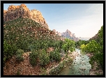 Stany Zjednoczone, Stan Utah, Park Narodowy Zion, Góra Watchman, Góry, Rzeka Virgin River, Drzewa