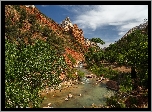 Stany Zjednoczone, Stan Utah, Park Narodowy Zion, Góra Watchman, Rzeka Virgin River, Drzewa, Góry