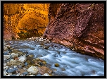 Stany Zjednoczone, Stan Utah, Park Narodowy Zion, Kanion Zion Narrows, Skały, Rzeka Virgin River