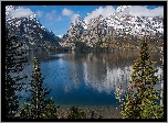 Stany Zjednoczone, Stan Wyoming, Park Narodowy Grand Teton, Jezioro Jenny Lake, Góry, Drzewa, Chmury