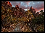 Góry, Czerwone, Szczyty, Rzeka, Virgin River, Kamienie, Drzewa, Park Narodowy Zion, Utah, Stany Zjednoczone