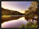 Park, Jezioro, Pomost, Ławeczka, Wschód, Słońca