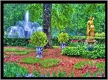Park, Fontanna, Tulipany, Złoty, Posąg
