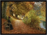 Obraz, Malarstwo, A wooded path in autumn, Hans Andersen Brendekilde, Jesień, Droga, Ławka, Kobieta