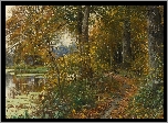 Malarstwo, Peder Monsted, Jesień, Staw, Ptaki, Ścieżka, Drzewa