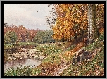 Jesień, Las, Jezioro, Obraz, Malarstwo, Peder Mork Monsted, Pejzaż,  Drzewa, Ścieżka, Sarny