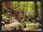 Obraz, Malarstwo, Peder Mork Monsted, Pejzaż, Ścieżka, Skarpa, Rzeka, Las, Drzewa, Kamienie