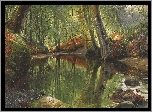 Obraz, Malarstwo, Peder Mork Monsted, Pejzaż, Wiosna, Rzeka, Las, Drzewa, Trawa, Kamienie