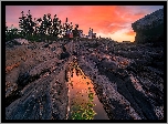 Skały, Latarnia morska, Pemaquid Point Lighthouse, Drzewa, Zachód słońca, Stan Maine, Stany Zjednoczone