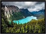 Park Narodowy Banff, Jezioro, Peyto Lake, Góry, Skały, Chmury, Drzewa, Lasy, Prowincja Alberta, Kanada
