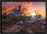 Latarnia morska, Phare de Pontusval, Skały, Zachód słońca, Brignogan-Plage, Francja