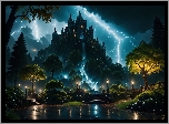 Grafika, Zamek, Wzgórze, Noc, Błyskawice, Drzewa, Fantasy, Pioruny