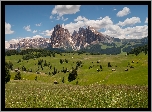 Płaskowyż Seiser Alm, Dolina Val Gardena, Góry Sassolungo, Dolomity, Domy, Drzewa, Chmury, Włochy