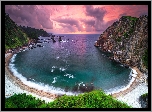 Hiszpania, Asturia, Morze, Zachód słońca, Góry, Skały, Zatoka, Plaża, Playa del Silencio