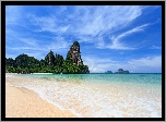 Morze Andamańskie, Plaża Railay Beach, Skały, Prowincja Krabi, Tajlandia, Drzewa, Chmury