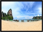 Morze Andamańskie, Plaża Railay Beach, Skały, Prowincja Krabi, Tajlandia, Drzewa, Łódki