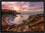 Morze, Wybrzeże, Zatoka, Plaża, Man OWar Beach, Zachód słońca, Chmury, Hrabstwo Dorset, Anglia