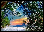Plaża, Niebo, Góry, Drzewo