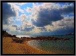 Plaża, Chmury, Jezioro, Łódka