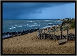 Plaża, Morze, Fale, Kamienie, Budynki