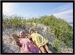 Plaża, Dzieci, Lato, Trawa