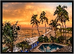 Meksyk, Mazatlan, Golden Beach, Palmy, Basen, Leżaki, Plaża, Morze, Zachód słońca