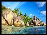 Seszele, Wyspa La Digue, Plaża Anse Source d Argent, Morze, Skały, Głazy, Palmy, Roślinność
