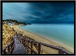 Plaża, Morze, Schody, Góry, Skały, Chmury