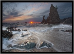 Plaża, Fale, Kamienie, Skały, Zachód Słońca