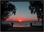Plaża, Drzewa, Morze, Zachód, Słońca