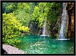 Chorwacja, Jezioro, Wodospady, Pomost, Drzewa, Roślinność, Park Narodowy Jezior Plitwickich