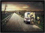 Płonący, Samochód, Droga, Ambulans, Sanitariusze