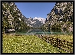 Niemcy, Bawaria, Park Narodowy Berchtesgaden, Jezioro Königssee, Alpy Bawarskie, Łąka, Płot