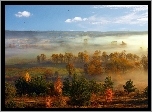 Pola, Drzewa, Mgła, Panorama, Jesień