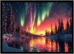 Jezioro, Drzewa, Zorza polarna, Grafika AI