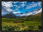 Islandia, Półwysep Westfjords, Góry, Łąki, Pola, Chmury