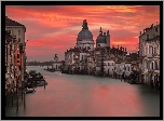 Wenecja, Canal Grande, Budynki, Katedra, Łodzie, Poranek, Niebo, Wschód słońca, Włochy