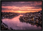 Miasto Porto, Rzeka Duero, Domy, Portugalia, Wschód słońca