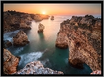 Wybrzeże, Skały, WSchód słońca, Morze, Region Algarve, Portugalia