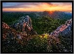Promienie słońca, Wzgórza, Skały, Lasy, Rośliny