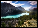 Park Narodowy Banff, Jezioro, Peyto Lake, Góry, Lasy, Chmury, Prowincja Alberta, Kanada