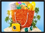 Lato, Wakacje, Plaża, Palmy, Torba, Radio, Okulary, Klapki, Kapelusz, Drink, Grafika 2D