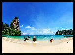  Morze Andamańskie, Plaża Railay Beach, Skały, Prowincja Krabi, Tajlandia, Drzewa, Łódki, Kajak, Chmury