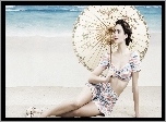 Retro, Kobieta, Parasol, Morze, Plaża
